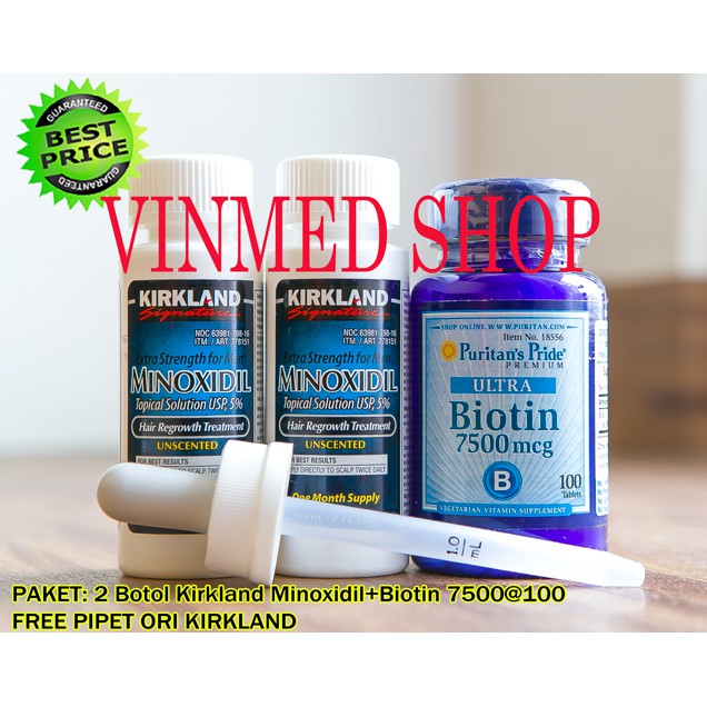 Kirkland Minoxidil 2 Botol +Biotin 7500mcg @100 Tabs+Free Pipet Ori