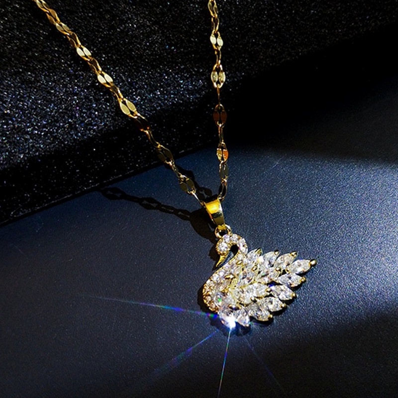 AZ118 [Cod][Ready Stock] Kalung Titanium Angsa Swan Wanita Anti Karat Emas 18k Berlian Kristal Perhiasan Korea