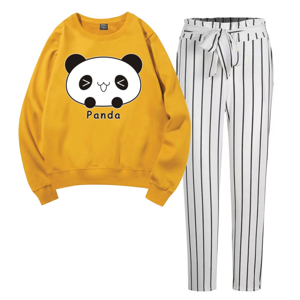 Baju Setelan Wanita Murah / Setelan Sweater + Celana Salur Putih - PANDA CUTE