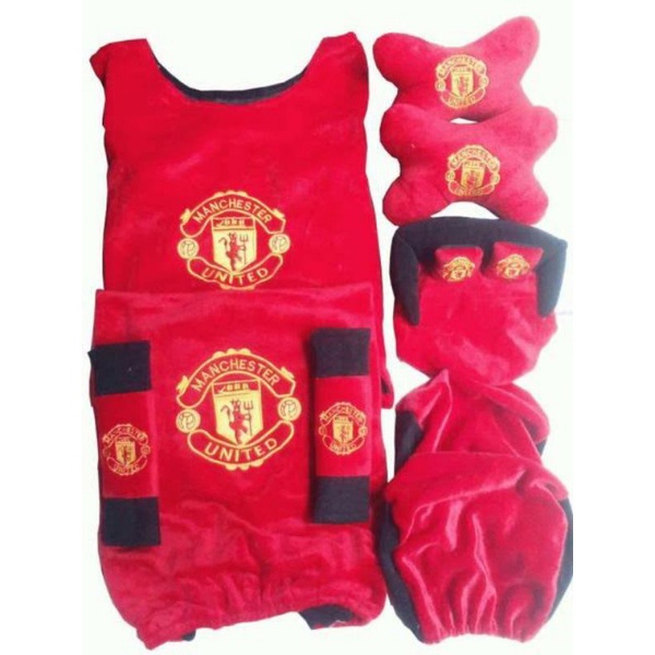 sarung jok mobil bantal paket MU manchester merah