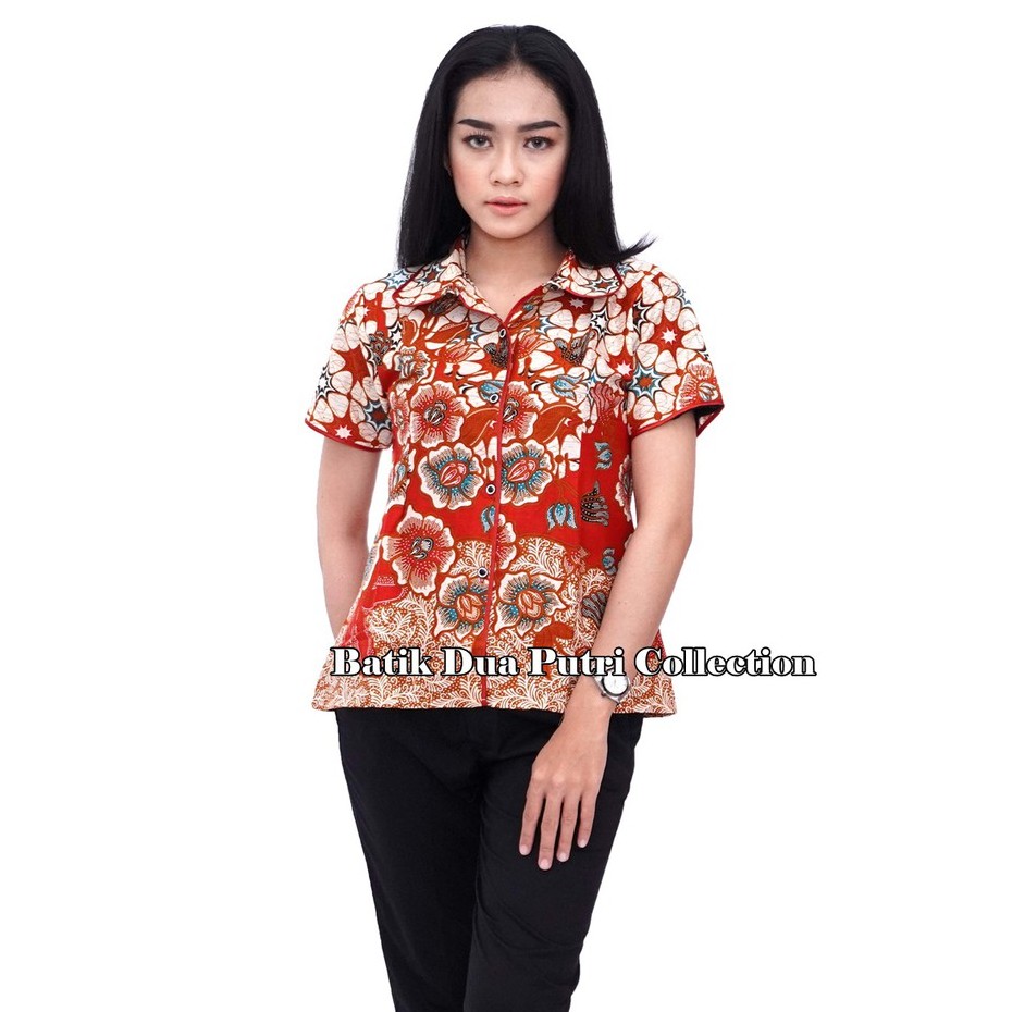 Atasan Kemeja Batik Wanita Dua Warna Mawar Hitam Dan Merah By Batik Dua Putri Collection