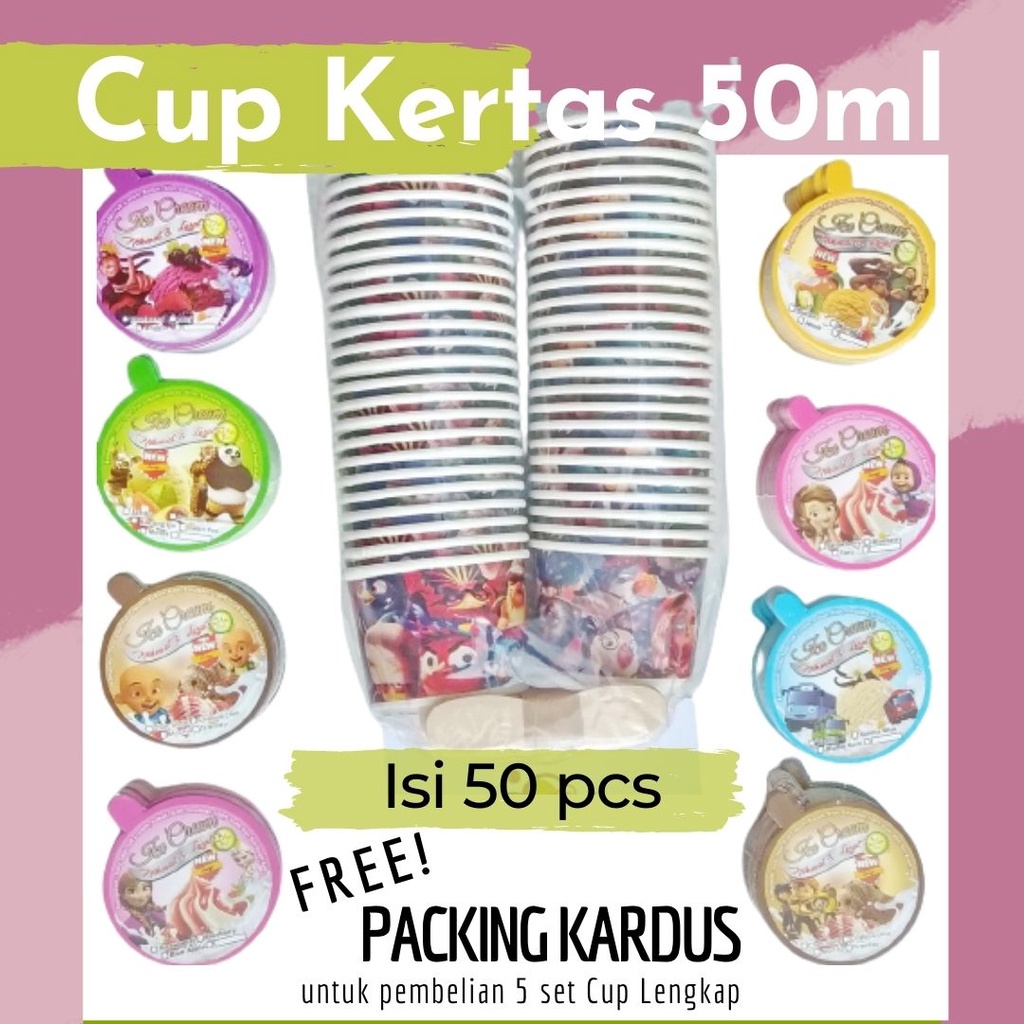 Cup Kertas Es Krim 50ml (lengkap Tutup Sendok Paper Cup 50 ml) Motif Lucu Murah