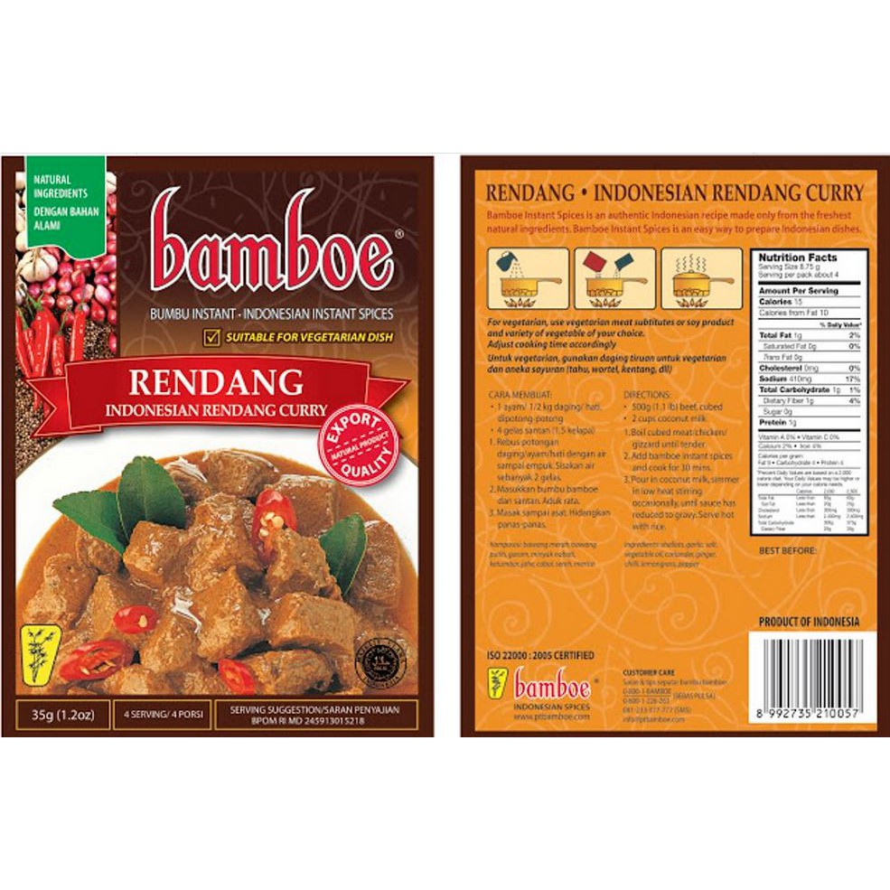 Bumbu rendang instan bamboe 35 gram Untuk 4 Porsi