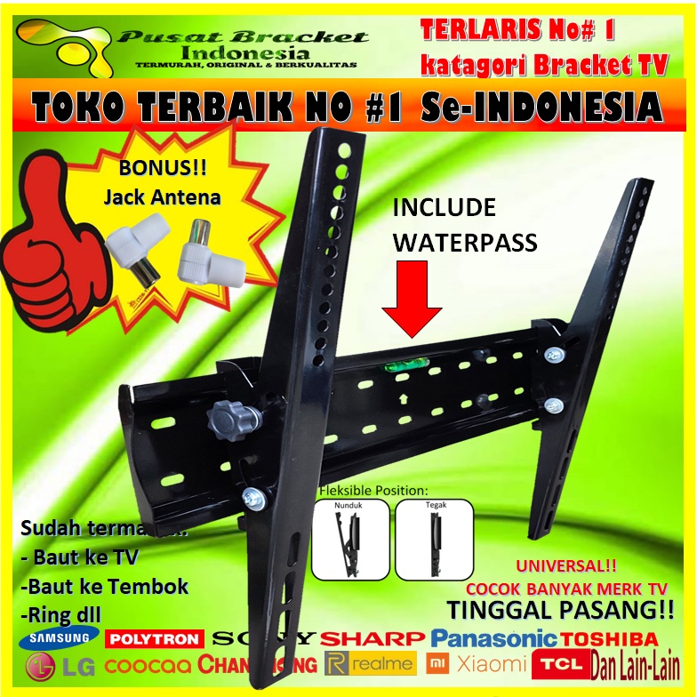 BRACKET TV TERLARIS!!! No#1 Se-Indonesia 32&quot; s/d 70&quot; universal IMPORT 70 65  60 55 50 49 43 42 40 32  inch Cocok 100% FULL BESI &amp; INCLUDE WATERPASS!! bracket braket breket briket breaket brcket bricket