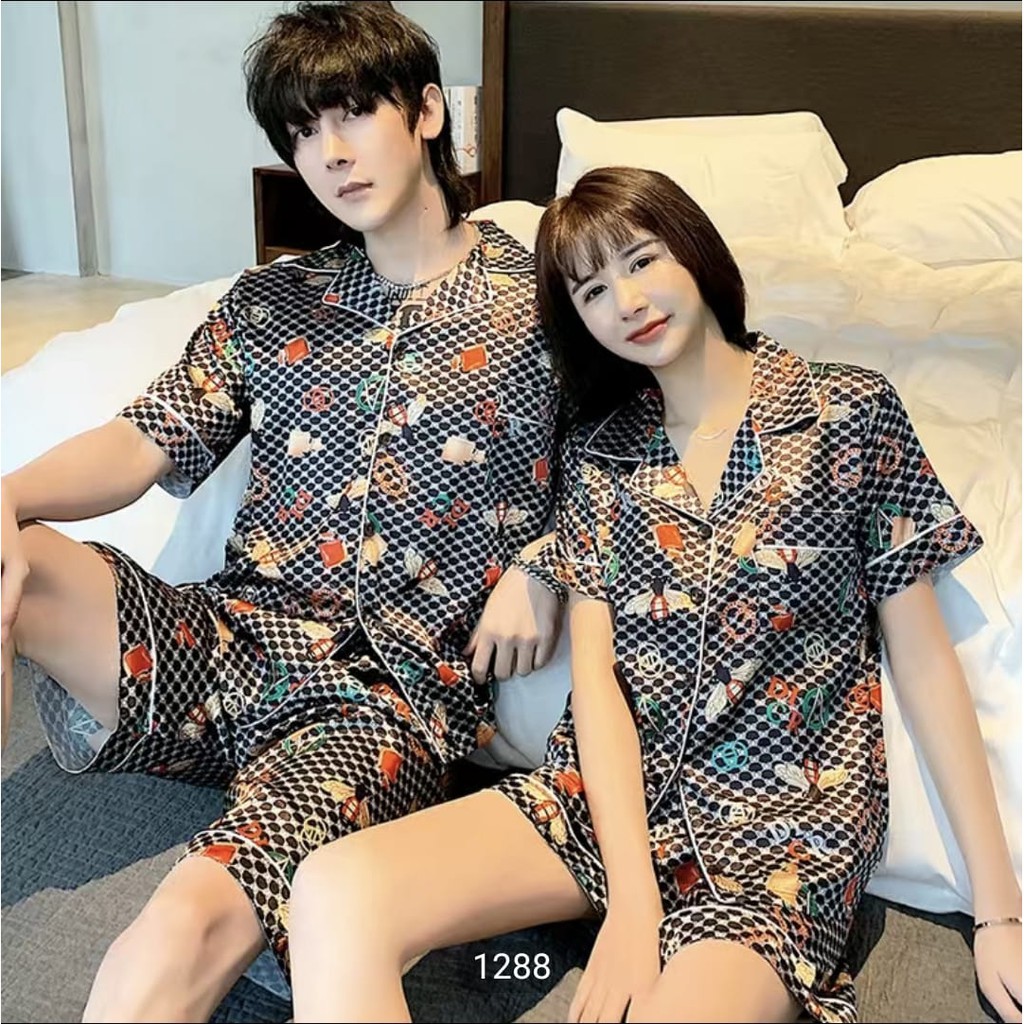 Baju tidur piyama bahan spandek import couple lengan pendek celana pendek kra