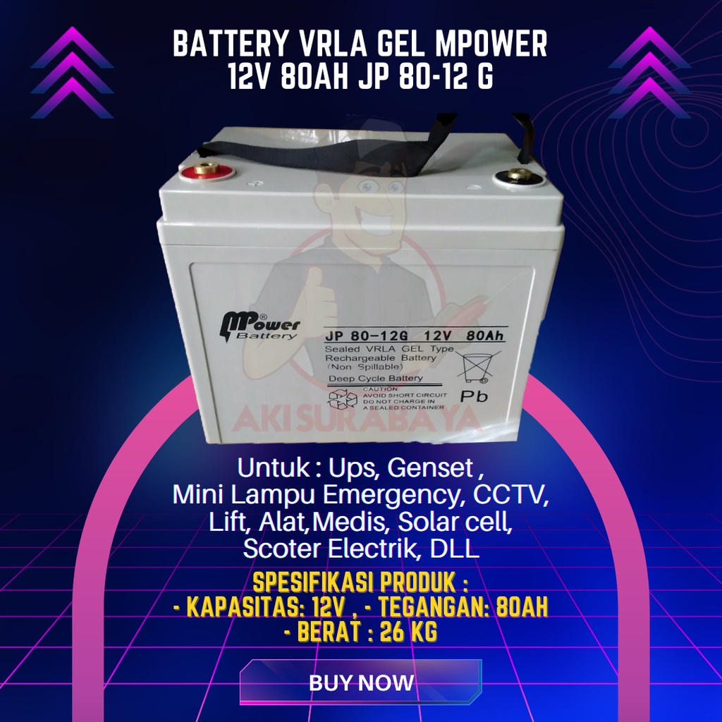 Aki Vrla Gel Mpower 12v 80Ah JP 80-12 G Battery UPS Solar Cell Murah
