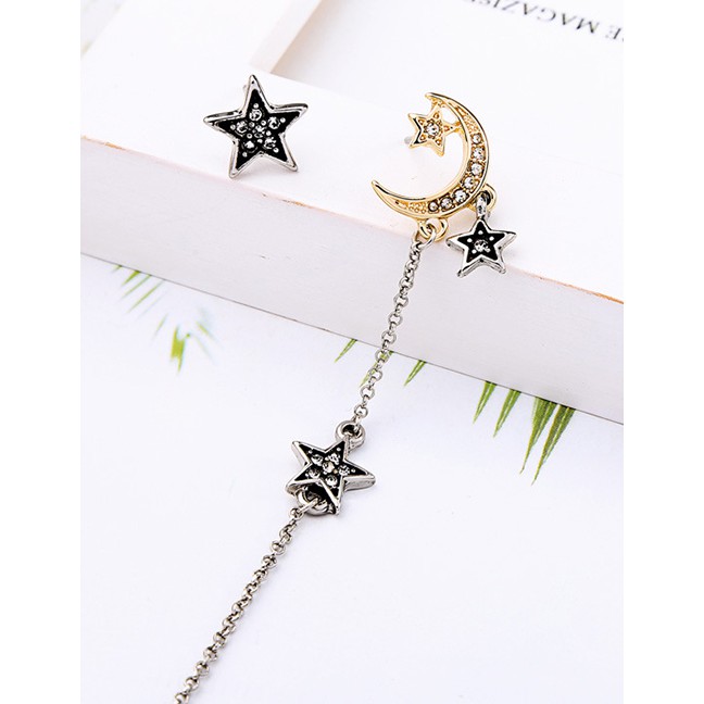 LRC Anting Tusuk Fashion Silver Extra Long Asymmetrical Star Moon Pearl Stud Earrings F55528