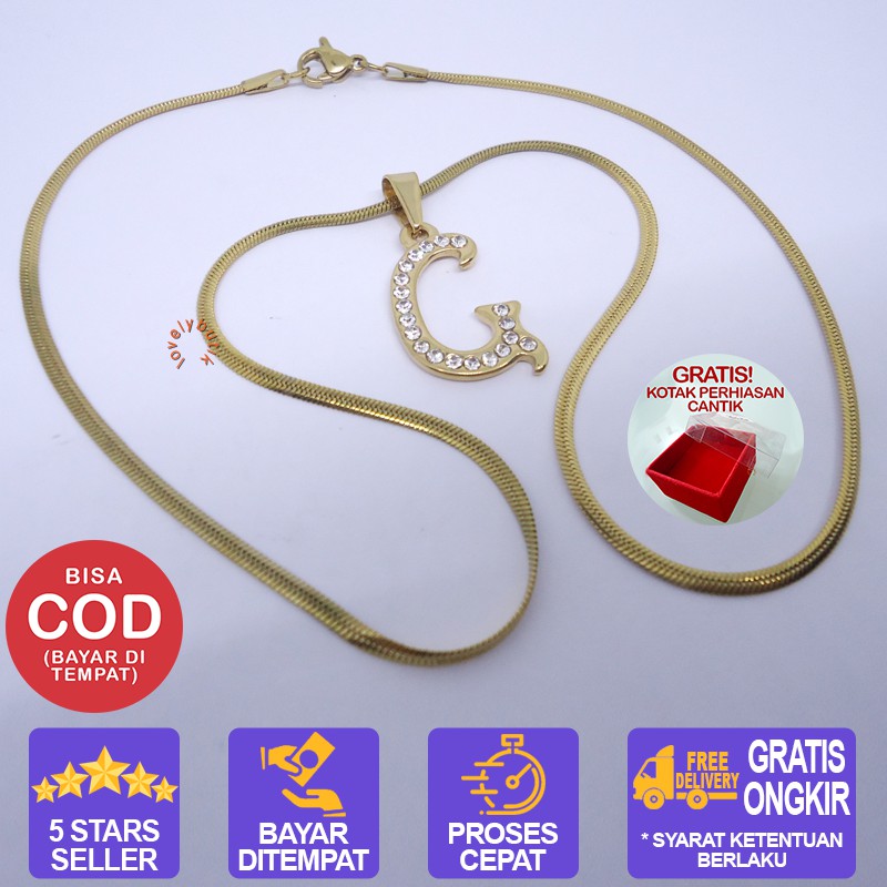 Lovelybutik Honey Kalung Huruf Titanium Anti Karat Inisial G Uk 45 cm BONUS KOTAK PERHIASAN