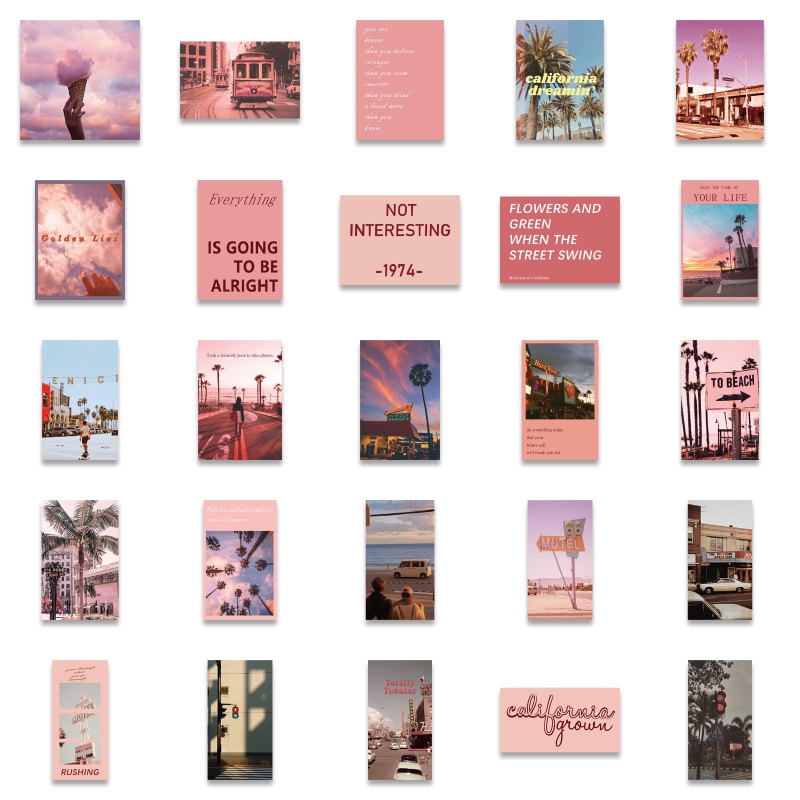 50pcs Stiker Desain Pemandangan Jalan California Warna Pink Tahan Air Untuk Koper Notebook Jurnal Diary