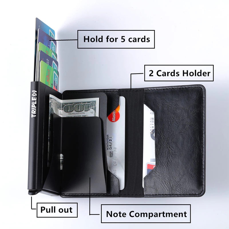 TRIPLEDI Dompet Kartu Lontar Anti Scan RFID Block Auto Pop Up Card Holder ATM KTP STNK NPWP Case Aluminium Leather