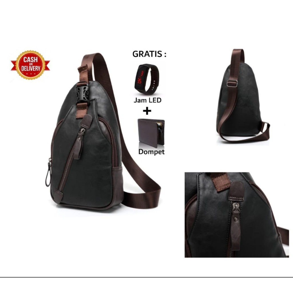 Tas Selempang Pria Kulit Murah Anti Air - Luke Bag bonus Dompet + Jam Tangan LED/Headset