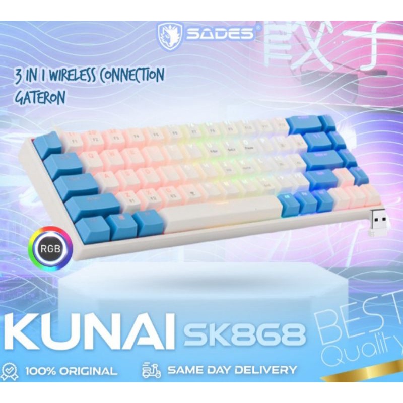 keyboard gaming Sades Kunai SK868 Gateron Hotswap 3in1 Wireless Mechanical Keyboard Triple Connection