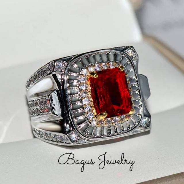 Cincin Pria Red Ruby Created Silver Plated Model Mewah