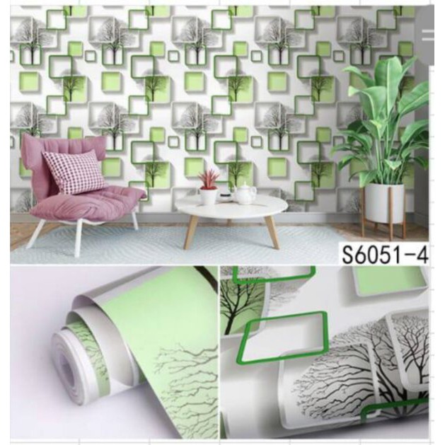 Baru - Murah Wallpaper Sticker Dinding 3D - 3 Dimensi Kotak Hijau Pohon Modern Elegan Cantik