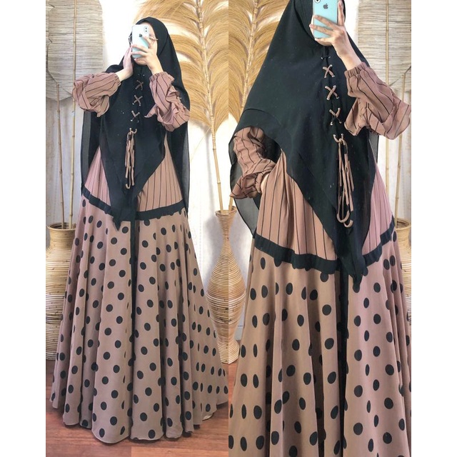 gamis syari set khimar panjang azana coklat moka motif polka polkadot salur ceruty babydoll cantik k