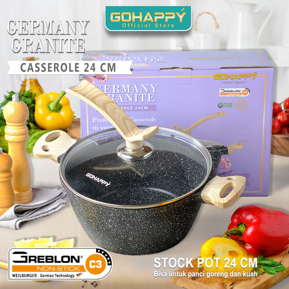 MIZUKI Panci casserole 24 cm Germany granite coating / Gohappy GHG-86 Panci Sup Dutch oven Greblon c3 Jerman