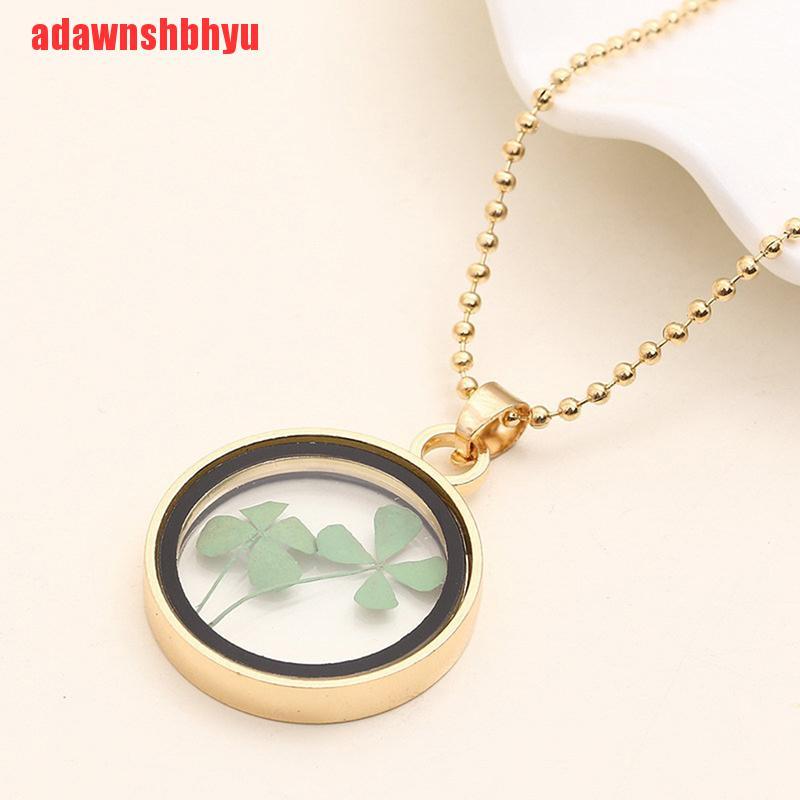 [adawnshbhyu]Natural Real Dried Clover Flower Clear Resin Locket Pendant Necklac