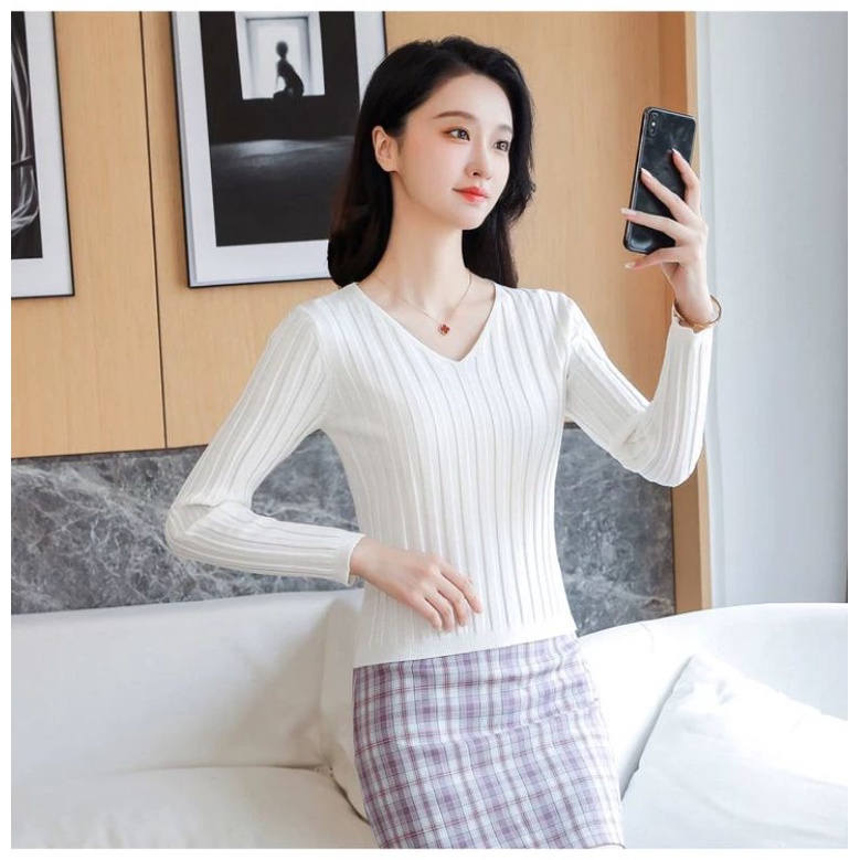 Sweater Basic V neck Soft Knit Import - Blouse Rajut Polos V neck TM (C506)