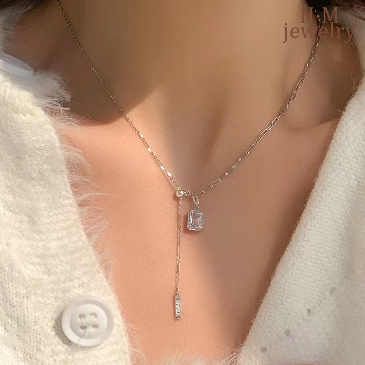 Kalung Rantai Klavikula Bahan S925 Silver Model Rumbai Bentuk Persegi Aksen Berlian