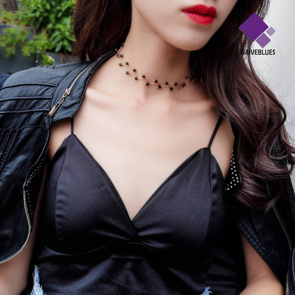 Kalung Choker Rantai Pendek Model Gelombang Aksen Manik-Manik Warna Hitam Untuk Wanita