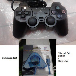 PAKET : 2 STIK Ps2 Original Pabrik + converter USB - Buat main PES/game lain