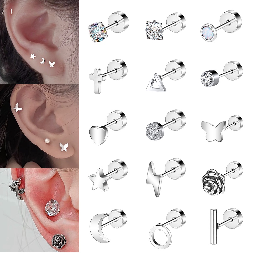 1 Pc Anting Stud Kristal Bentuk Bunga Mawar Kupu-Kupu Bahan Stainless Steel