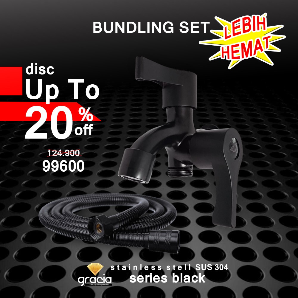 Bundling Hemat Set Kran Cabang Shower 1/2inch + Selang Shower Series Black Stainless Steel SUS 304 Original