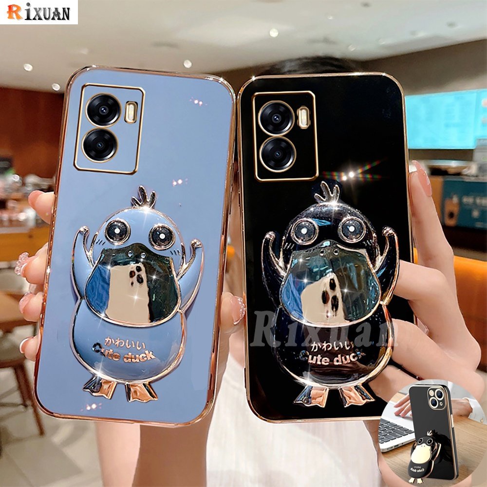 Casing hp OPPO A57 2022 A77S  A16K A16 A16e A95 A74 A55 A15 A15S A5S A12 A5S A7 A3S A52 A11K Kesing Soft Case Cute Duck Folding Stand Holder Luxury Plating Rubber Phone Cover Rixuan