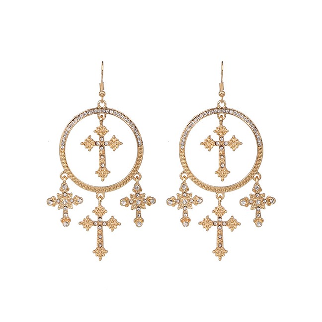 LRC Anting Gantung Fashion Gold Alloy Circle Cross Earrings F6767X