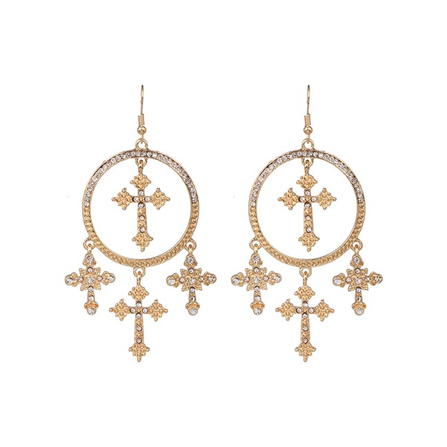 LRC Anting Gantung Fashion Gold Alloy Circle Cross Earrings F6767X