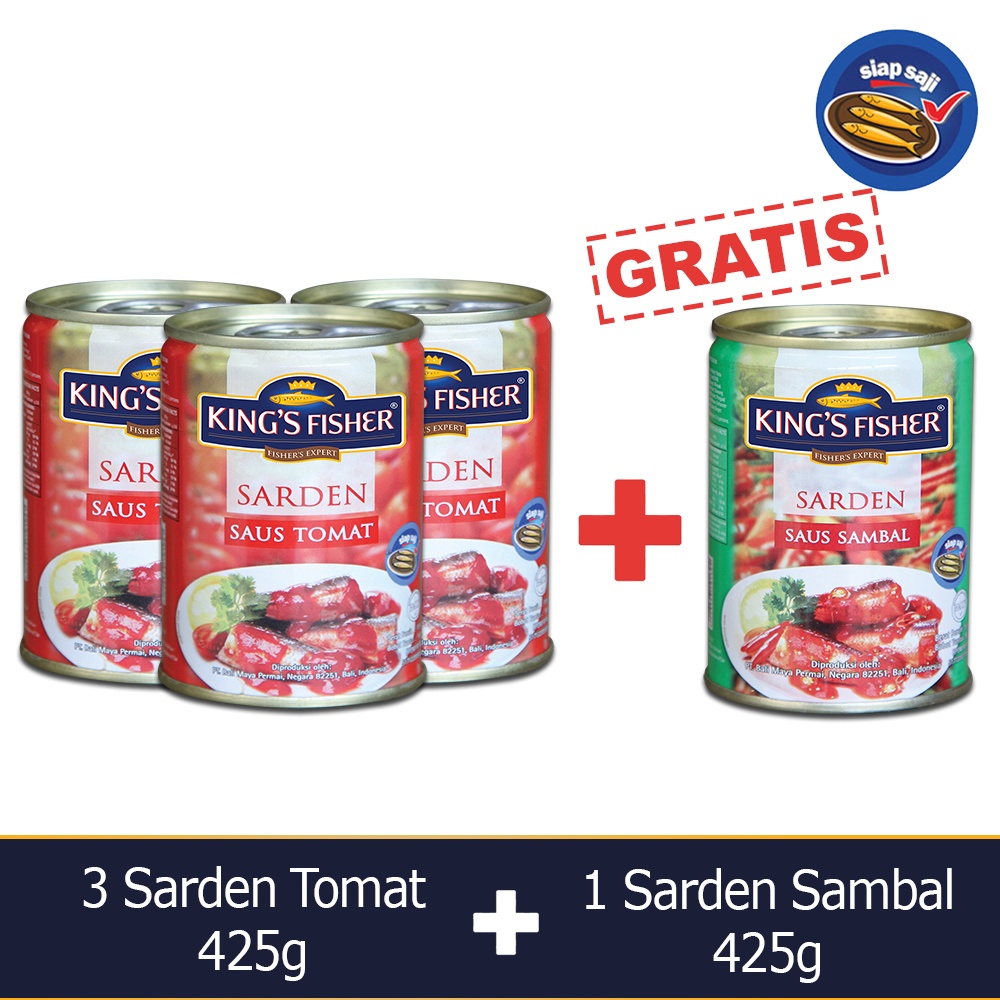 

King's Fisher Paket A 4 pcs Sarden saus Tomat Sambal 425g Makanan Kaleng