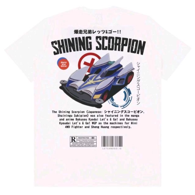 Shining Scorpion White Tshirt Lets And Go Mini 4WD Series Kaos Putih Kartun Nostalgia
