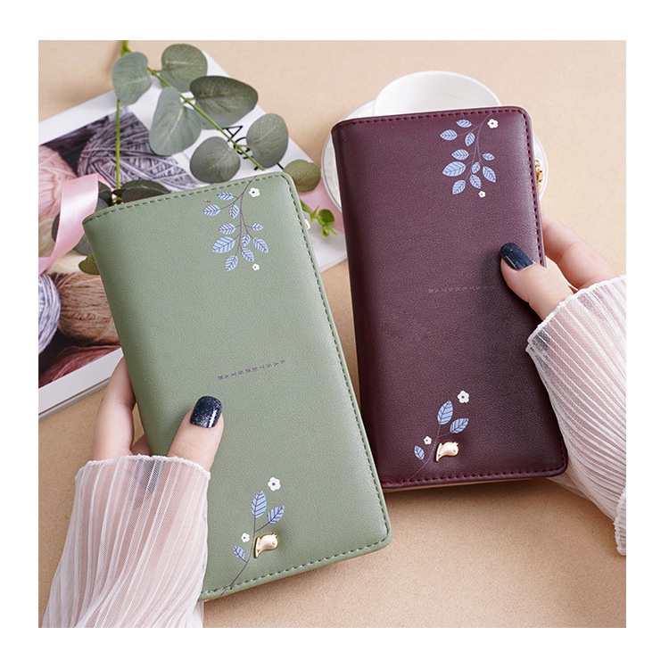 ( GS ) DOMPET WANITA / DOMPET LIPAT PANJANG WANITA MOTIF RANTING DAUN ABU-ABU