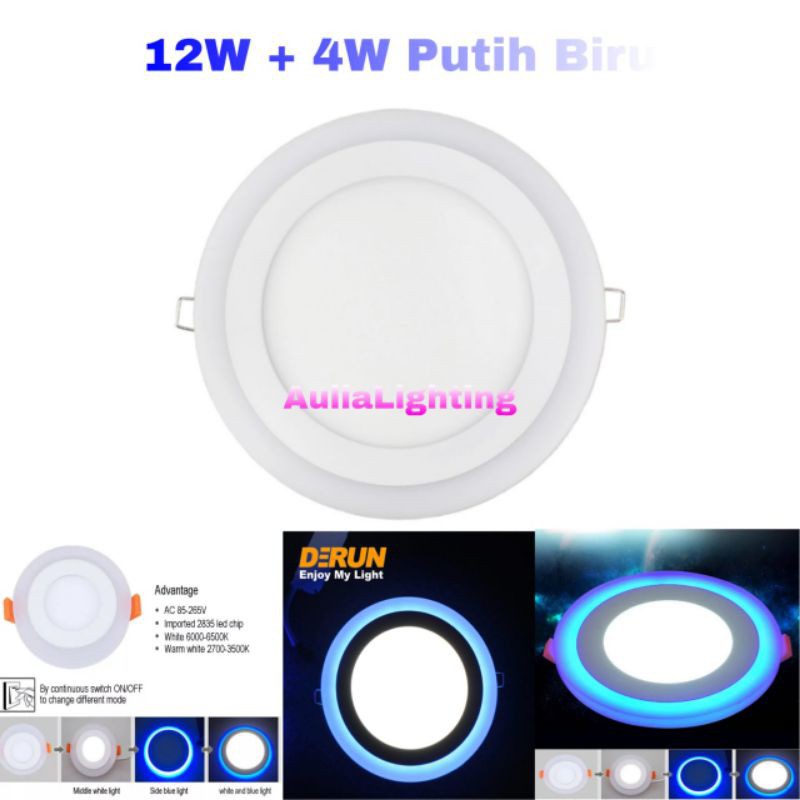 Lampu Downlight Led 12w + 4w Putih Biru kuning 2 warna kotak Bulat IB Panel 3step 12 4 Watt Hias Plafon Tidur list 16w