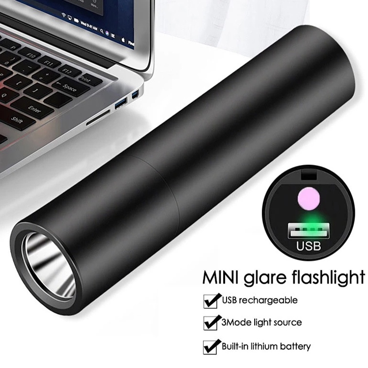 Lampu Senter LED Glare Mini Handheld USB Tahan Air Untuk Outdoor / Hiking / Camping / Survival / Darurat