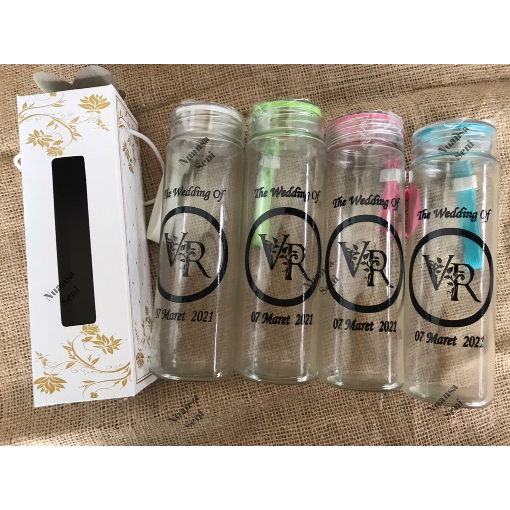 Souvenir Botol Pernikahan Botol Slim Bening Botol Kaca Minum Botol Infuser Water Termos Kaca Sablon