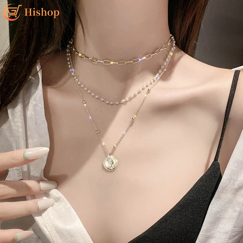 Multilayer Elegant Gold Necklace Pearl Fashion Pendant Portrait Chain Women Jewelry Accessories