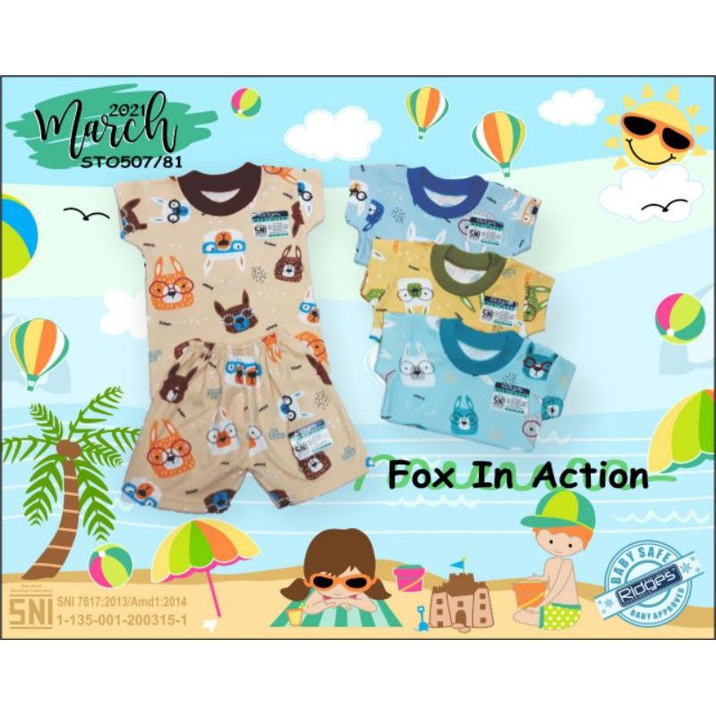 SNI RIDGES Baju Celana Pendek Print Full Warna S M L XL anak dinosaurus fox