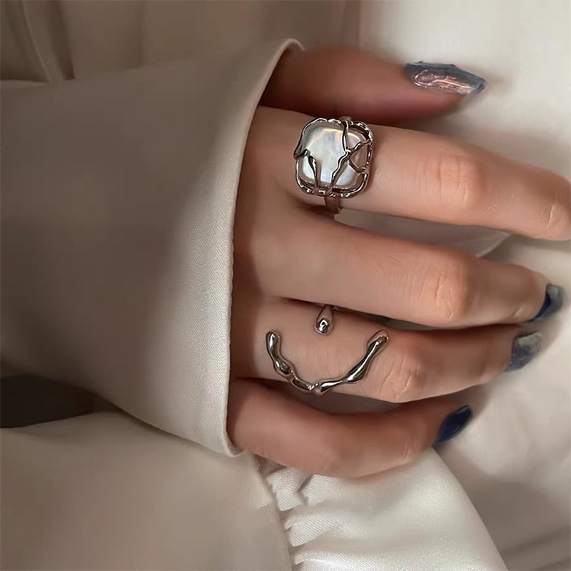 Cincin Wanita Model Terbuka Desain Geometri Asimetris Hias Mutiara Adjustable Untuk Pesta Pernikahan