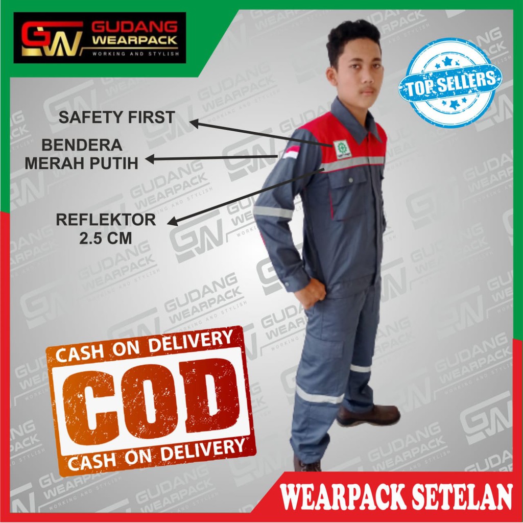 Star Wearpack -  Baju Kerja Proyek  Setelan Baju &amp; Celana Warna Abu Kombinasi Merah