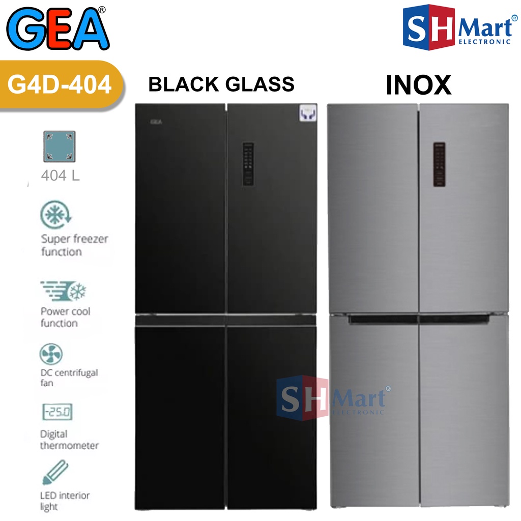 KULKAS SIDE BY SIDE GEA 4 PINTU BLACK INVERTER GEA G4D-404 INOX  INVERTER GARANSI RESMI (MEDAN)