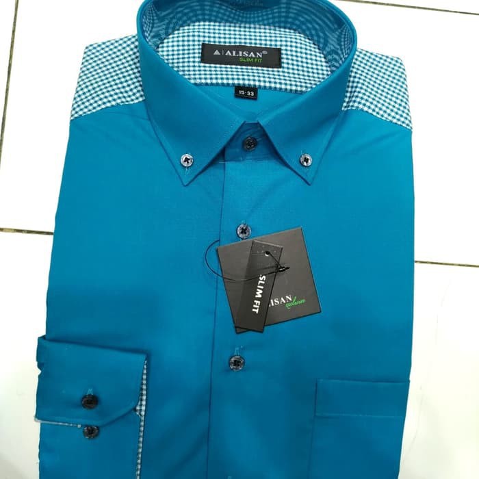 TERLARIIS Kemeja Pria Alisan Slimfit Panjang Biru Navy Hijau Tosca Kombi Pundak