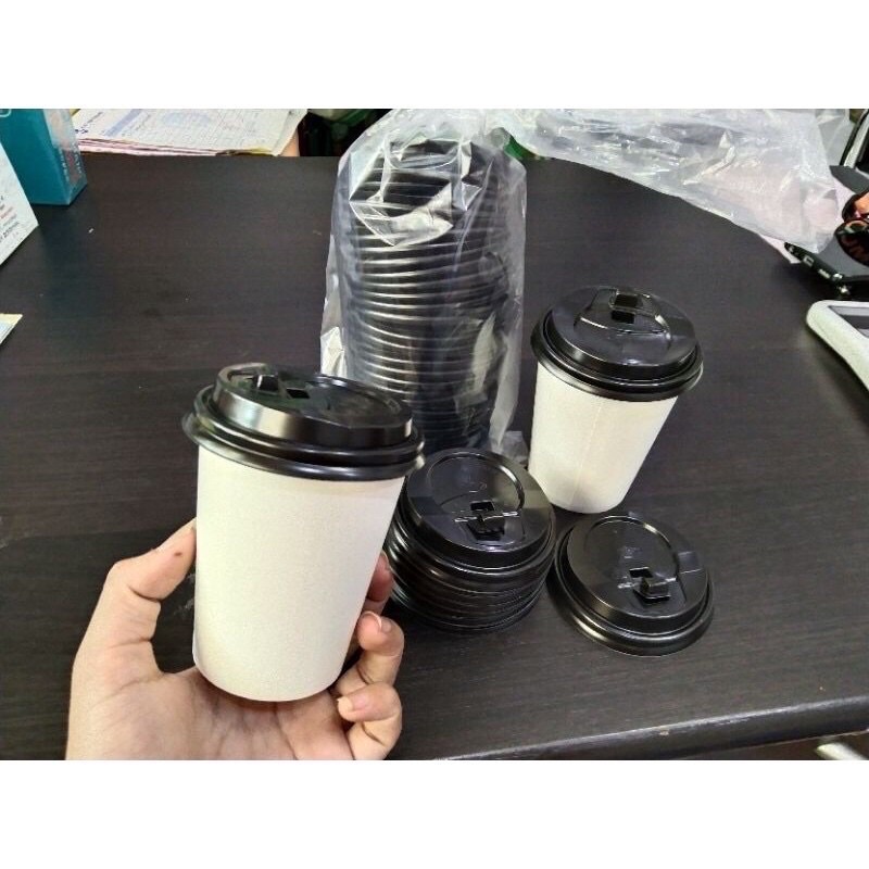 papercup putih 8 oz + tutup hitam / gelas kertas / gelas kopi