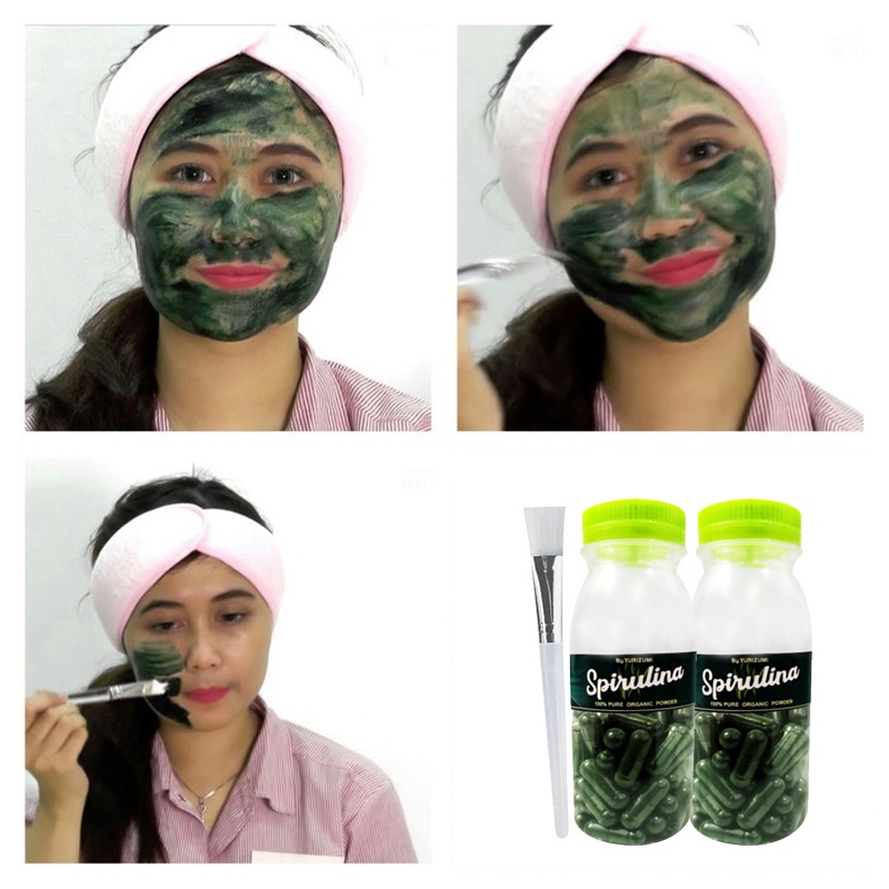 [PAKET 100 KAPSUL + KUAS] BY YURIZUMI Masker Spirulina Asli - Masker Wajah Spirulina Herbal Alami Isi 100 Kapsul + GRATIS KUAS MASKER 1 PCS