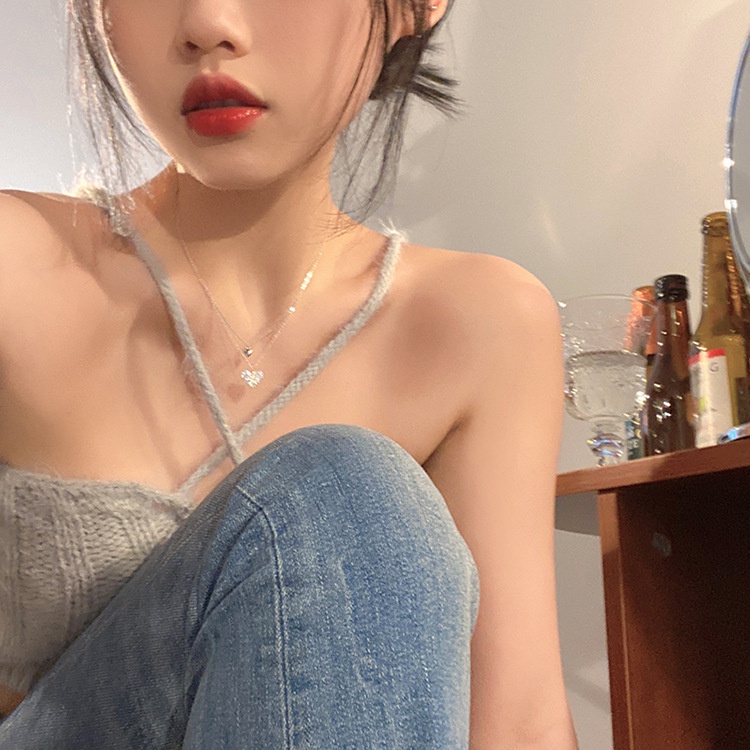 Kalung S925 Silver Double Layer Liontin Hati Aksen Kristal Berlian Untuk Wanita