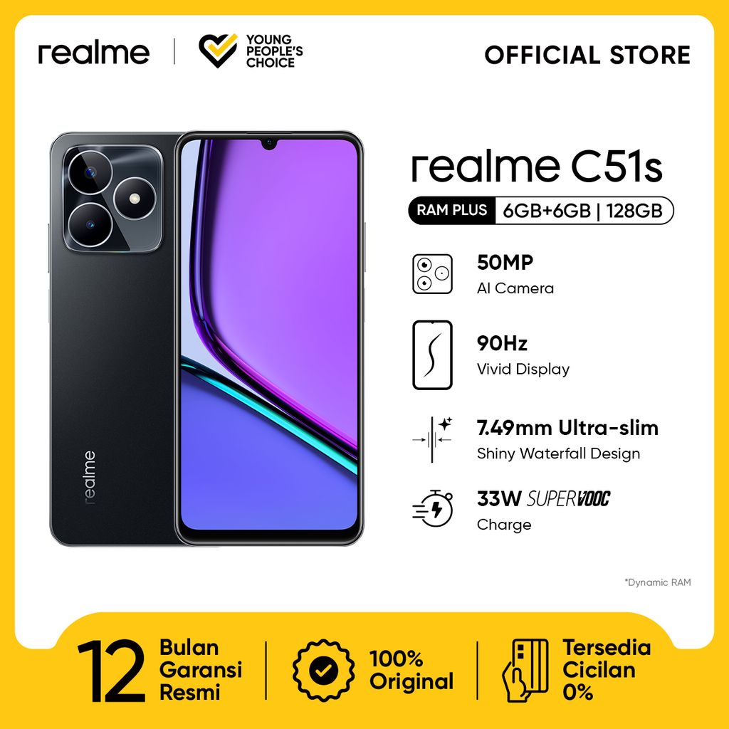realme C51s 6GB+6GB*|128GB (50MP AI Camera | 90Hz Vivid Display | 7.49mm Ultra Slim | Mini Capsule | 5000mAh Battery | 33W Supervooc)-Mighty Black