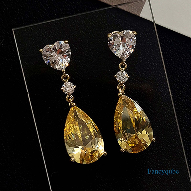 Anting Drop Cubic Zirconia Bentuk Pir Warna Kuning Untuk Wanita