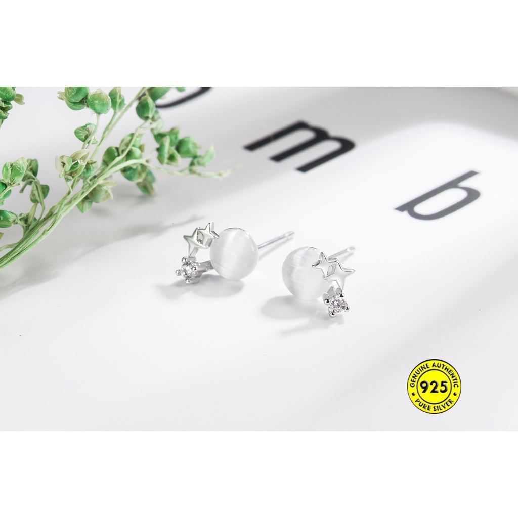 Anting Tusuk Gantung Sterling Silver Desain Bintang Hias Opal Anti Air Untuk Wanita