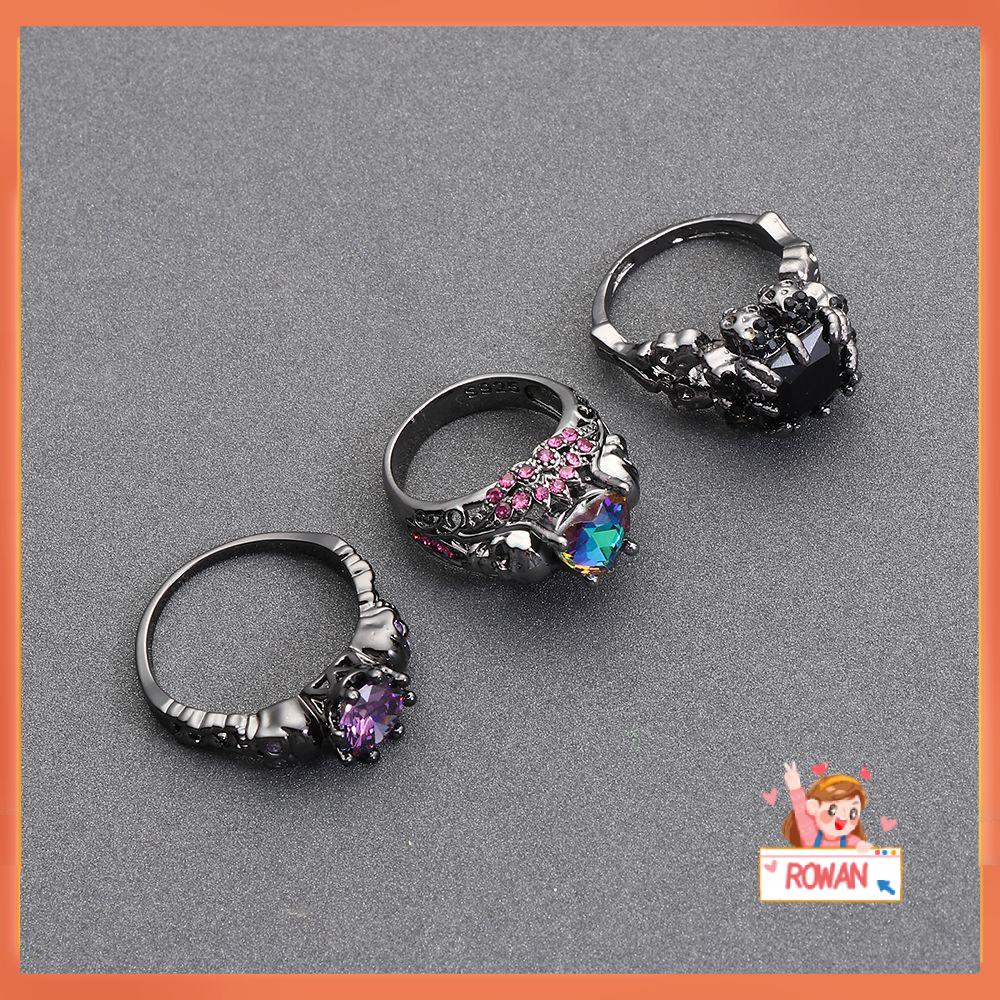 Cincin Desain Kerangka Tengkorak Bunga Halloween Gaya Retro Punk Untuk Wanita