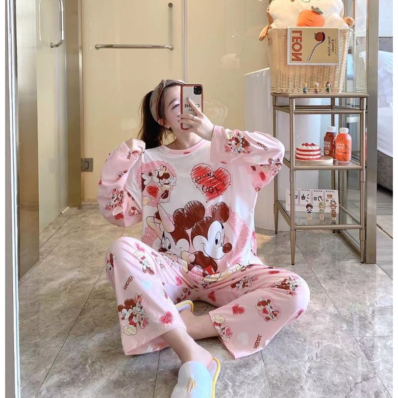 PIYAMA PP WANITA IMPORT SPANDEX|BIGSIZE|JUMBO/SET OVERSIZE/BAJU TIDUR lengan panjang-PP.BZ MICKY&MINNI LO